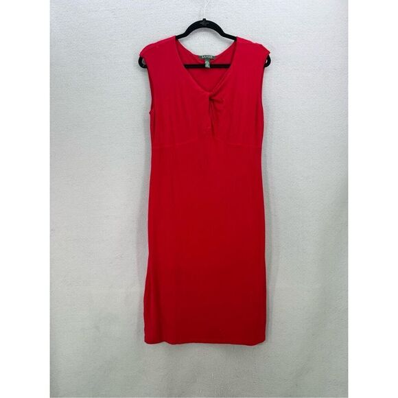 Lauren Ralph Lauren Women Red Twist Front V-Neck Matte Jersey Sheath Dress Large - Picture 1 of 10